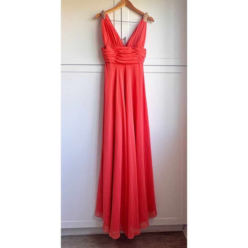 Faviana Coral Evening Gown with Embellished Straps – Size 9/10